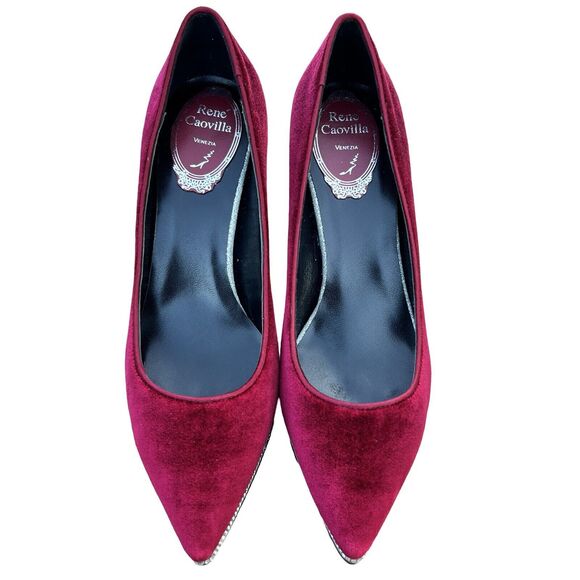 Rene Caovilla Velvet Strass Crystal Point-Toe Pump Women's Red Heel Size 5.5 - Picture 7 of 17